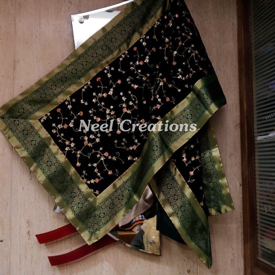 Designer velvet stole emerald green dupatta for women - Neel Creations By Saanvi
