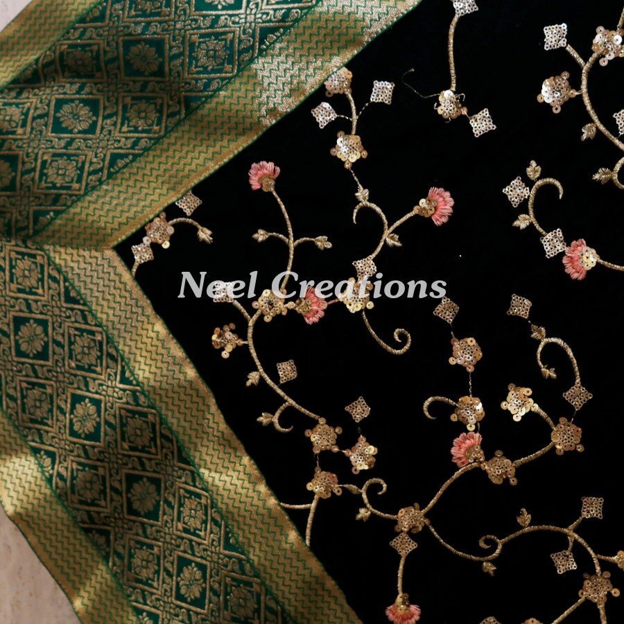 Designer velvet stole emerald green dupatta for women - Neel Creations By Saanvi