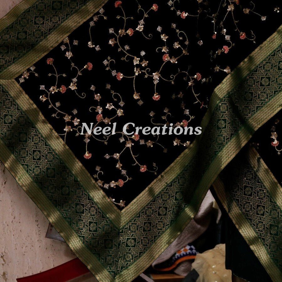 Designer velvet stole emerald green dupatta for women - Neel Creations By Saanvi