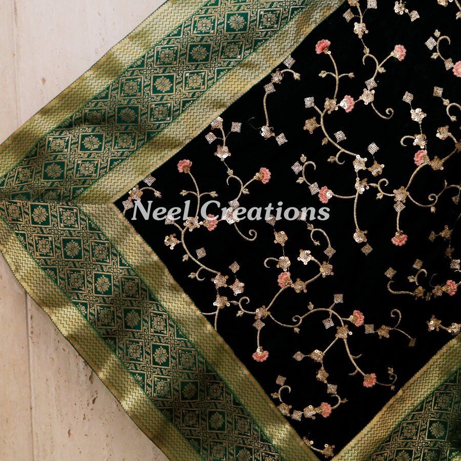 Designer velvet stole emerald green dupatta for women - Neel Creations By Saanvi