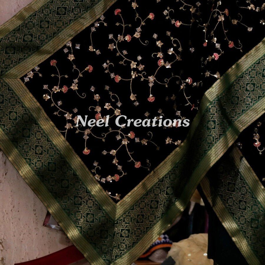 Designer velvet stole emerald green dupatta for women - Neel Creations By Saanvi