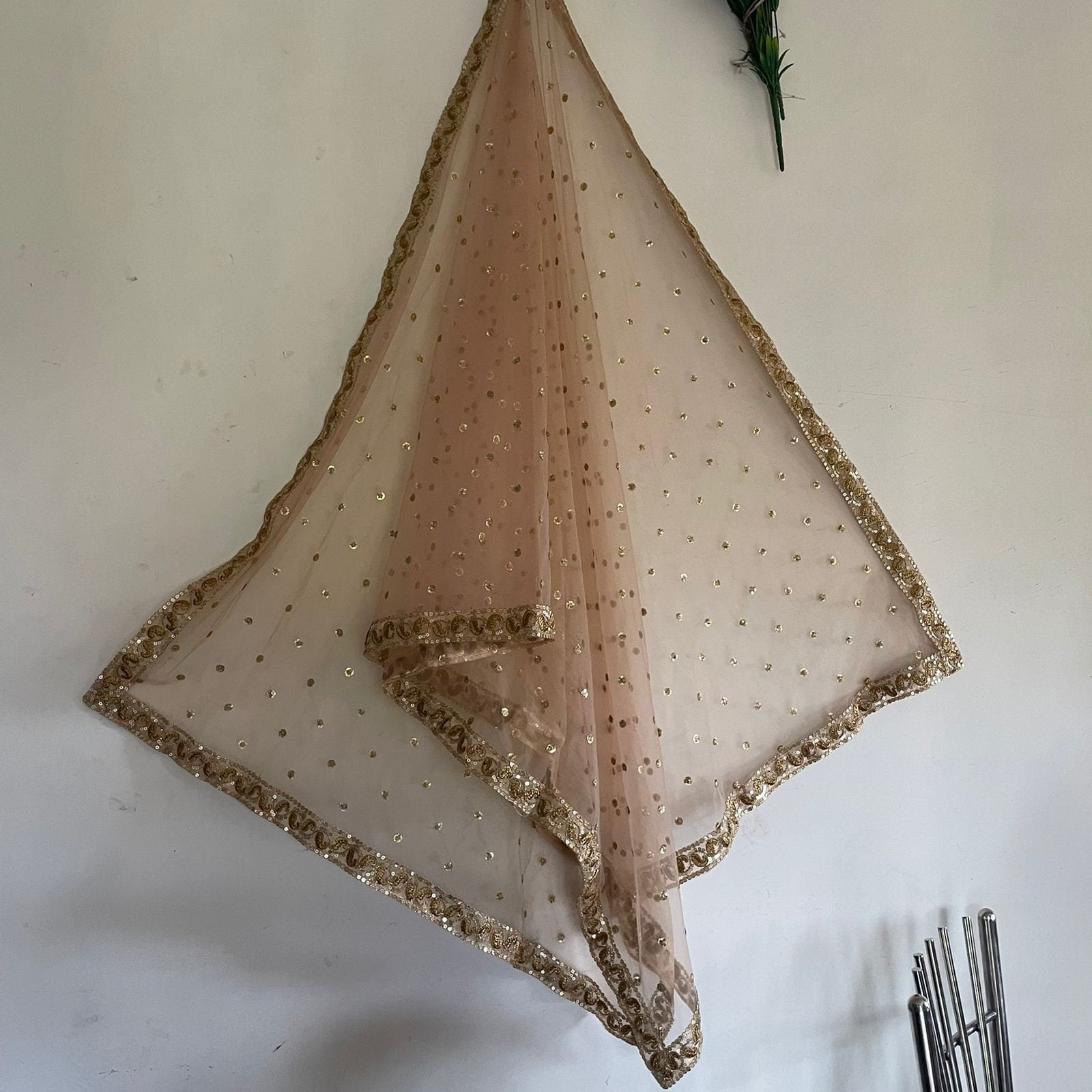 Dupatta for women Chikku Gold Net dupatta with golden border | Indian dupatta | Bridal wedding veil scarf for women girls - Neel Creations By Saanvi