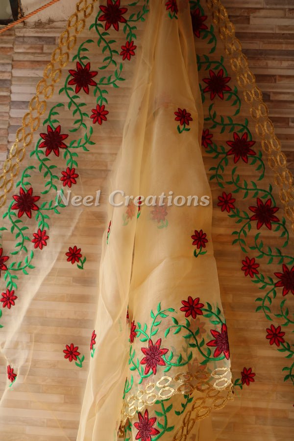 Floral embroidered organza Indian dupatta for women. - Neel Creations By Saanvi