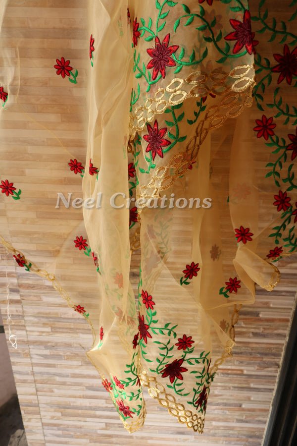 Floral embroidered organza Indian dupatta for women. - Neel Creations By Saanvi