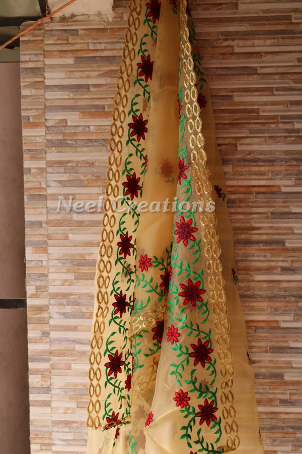 Floral embroidered organza Indian dupatta for women. - Neel Creations By Saanvi