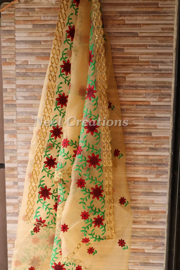 Floral embroidered organza Indian dupatta for women. - Neel Creations By Saanvi