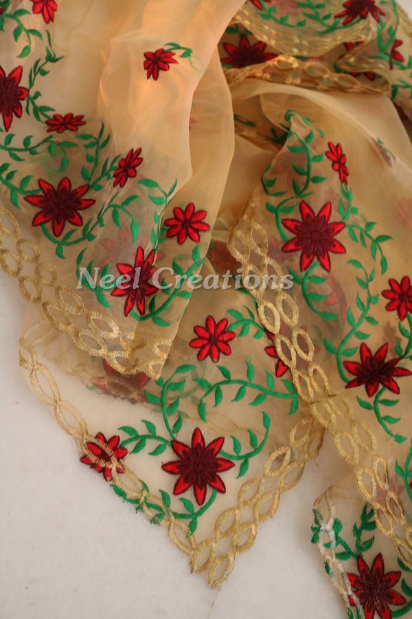Floral embroidered organza Indian dupatta for women. - Neel Creations By Saanvi