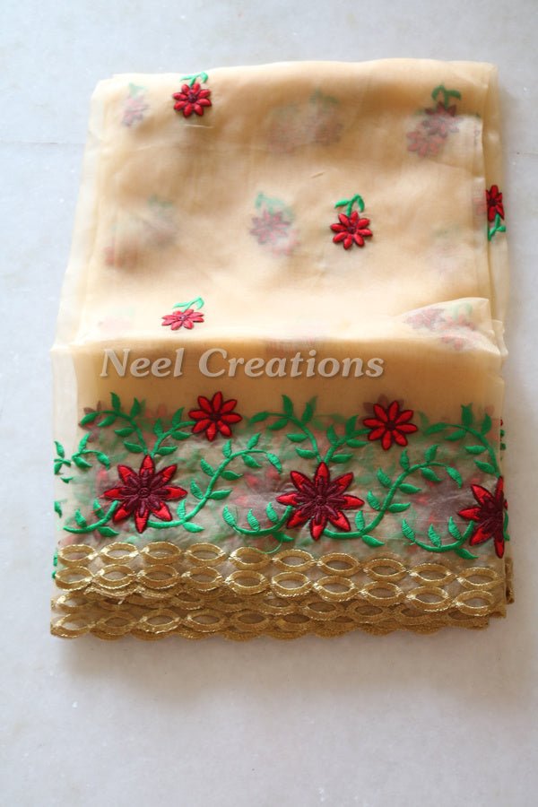 Floral embroidered organza Indian dupatta for women. - Neel Creations By Saanvi