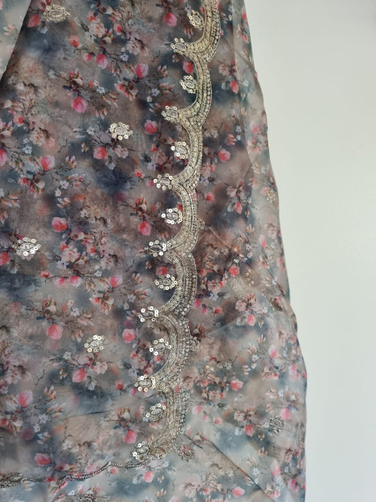 Floral printed organza dupatta for women. Scalloped border dupatta - Neel Creations By Saanvi