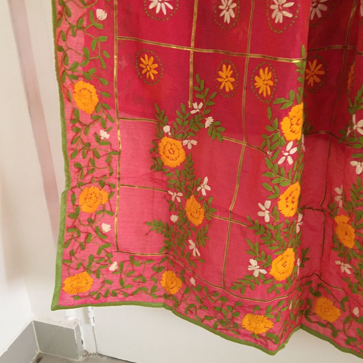 Fulkari Indian chanderi dupatta with thread embroidery floral rich looking Indian dupatta for women - Neel Creations By Saanvi