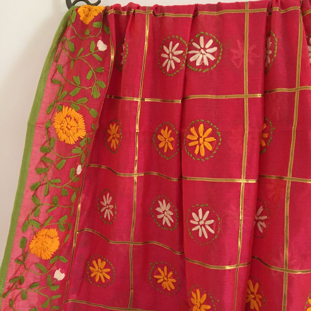 Fulkari Indian chanderi dupatta with thread embroidery floral rich looking Indian dupatta for women - Neel Creations By Saanvi