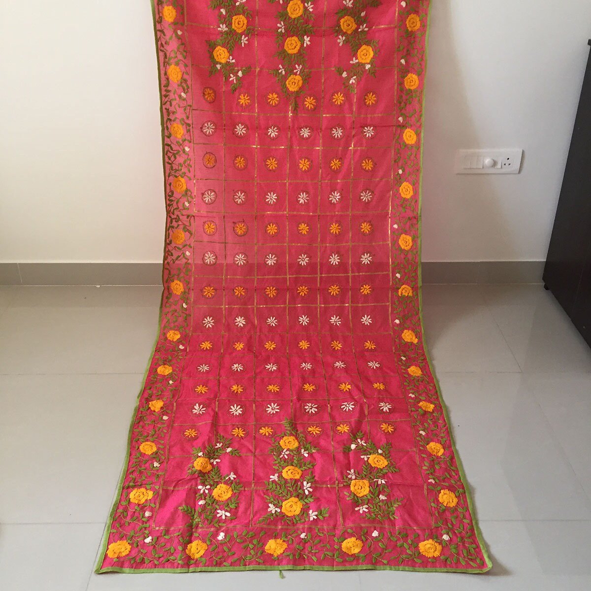 Fulkari Indian chanderi dupatta with thread embroidery floral rich looking Indian dupatta for women - Neel Creations By Saanvi