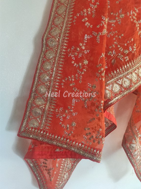 Full embroidered Orange organza dupatta with border. Sabyasachi inspired Indian wedding dupatta heavy chunri - Neel Creations By Saanvi