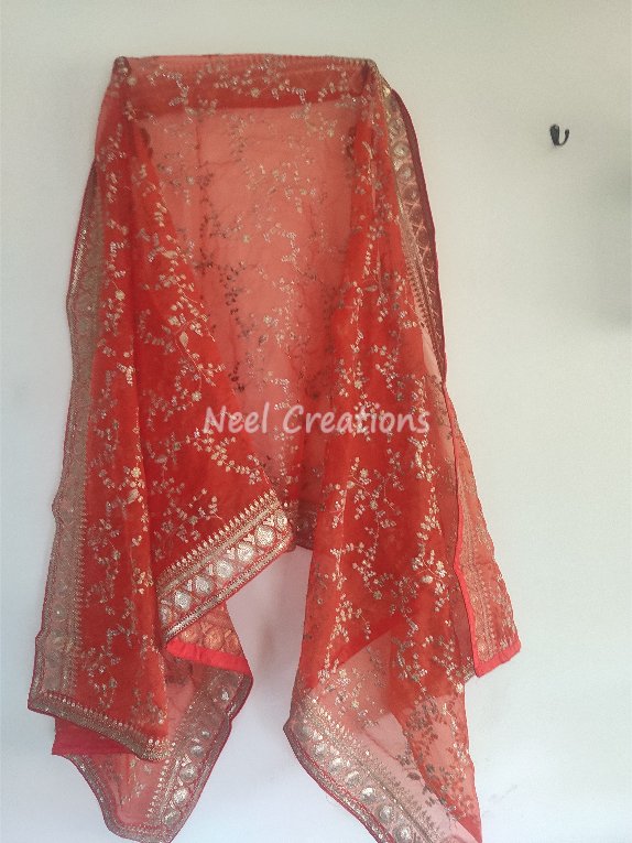 Full embroidered Orange organza dupatta with border. Sabyasachi inspired Indian wedding dupatta heavy chunri - Neel Creations By Saanvi