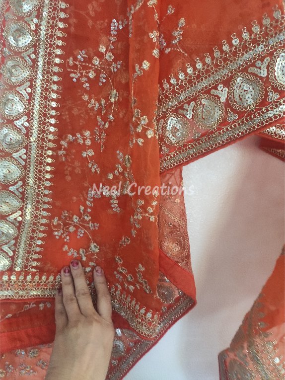 Full embroidered Orange organza dupatta with border. Sabyasachi inspired Indian wedding dupatta heavy chunri - Neel Creations By Saanvi