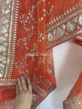 Full embroidered Orange organza dupatta with border. Sabyasachi inspired Indian wedding dupatta heavy chunri - Neel Creations By Saanvi
