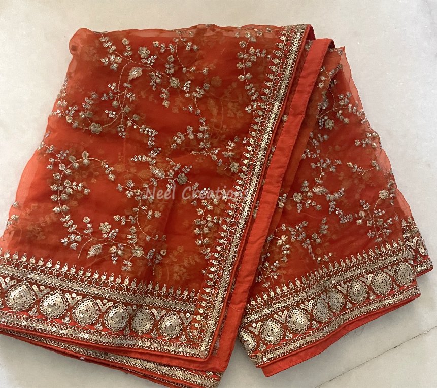 Full embroidered Orange organza dupatta with border. Sabyasachi inspired Indian wedding dupatta heavy chunri - Neel Creations By Saanvi