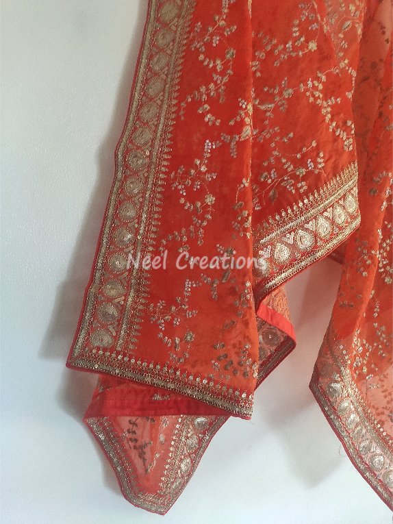 Full embroidered Orange organza dupatta with border. Sabyasachi inspired Indian wedding dupatta heavy chunri - Neel Creations By Saanvi