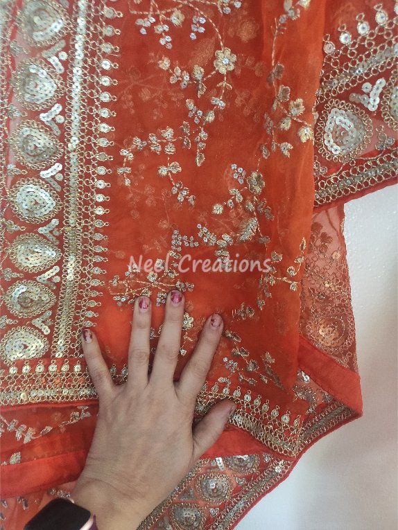 Full embroidered Orange organza dupatta with border. Sabyasachi inspired Indian wedding dupatta heavy chunri - Neel Creations By Saanvi