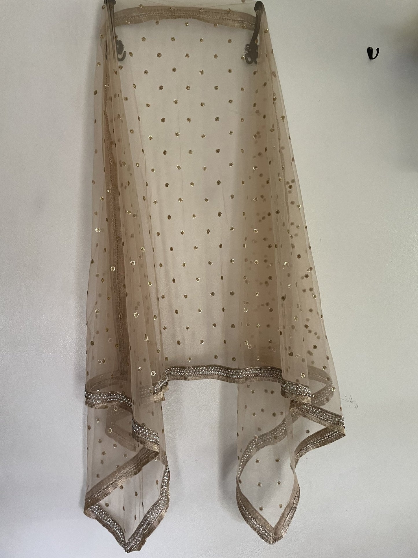 Golden Dupatta. Net with all over sequins designer dupatta fringe border. - Neel Creations By Saanvi