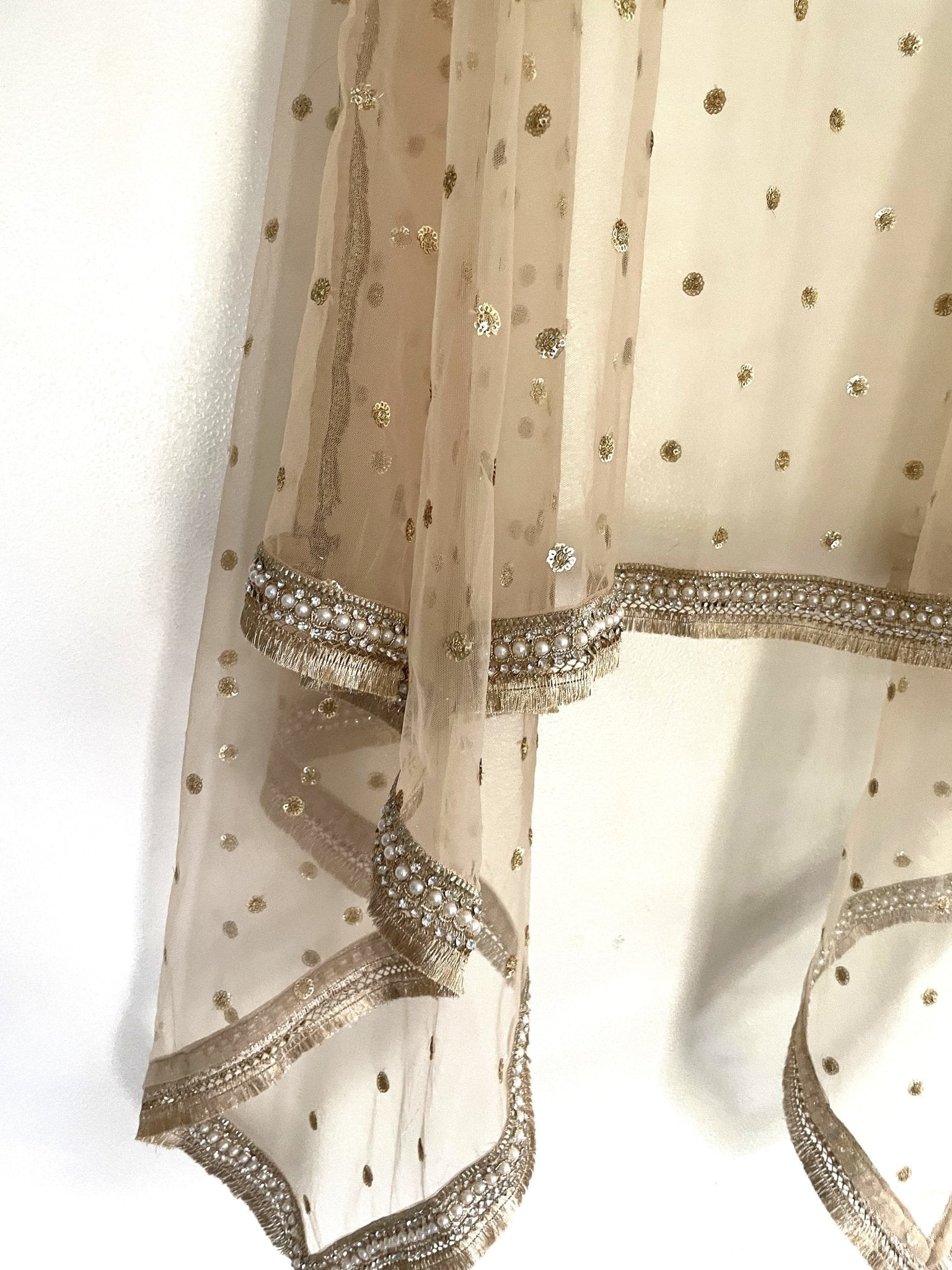 Golden Dupatta. Net with all over sequins designer dupatta fringe border. - Neel Creations By Saanvi