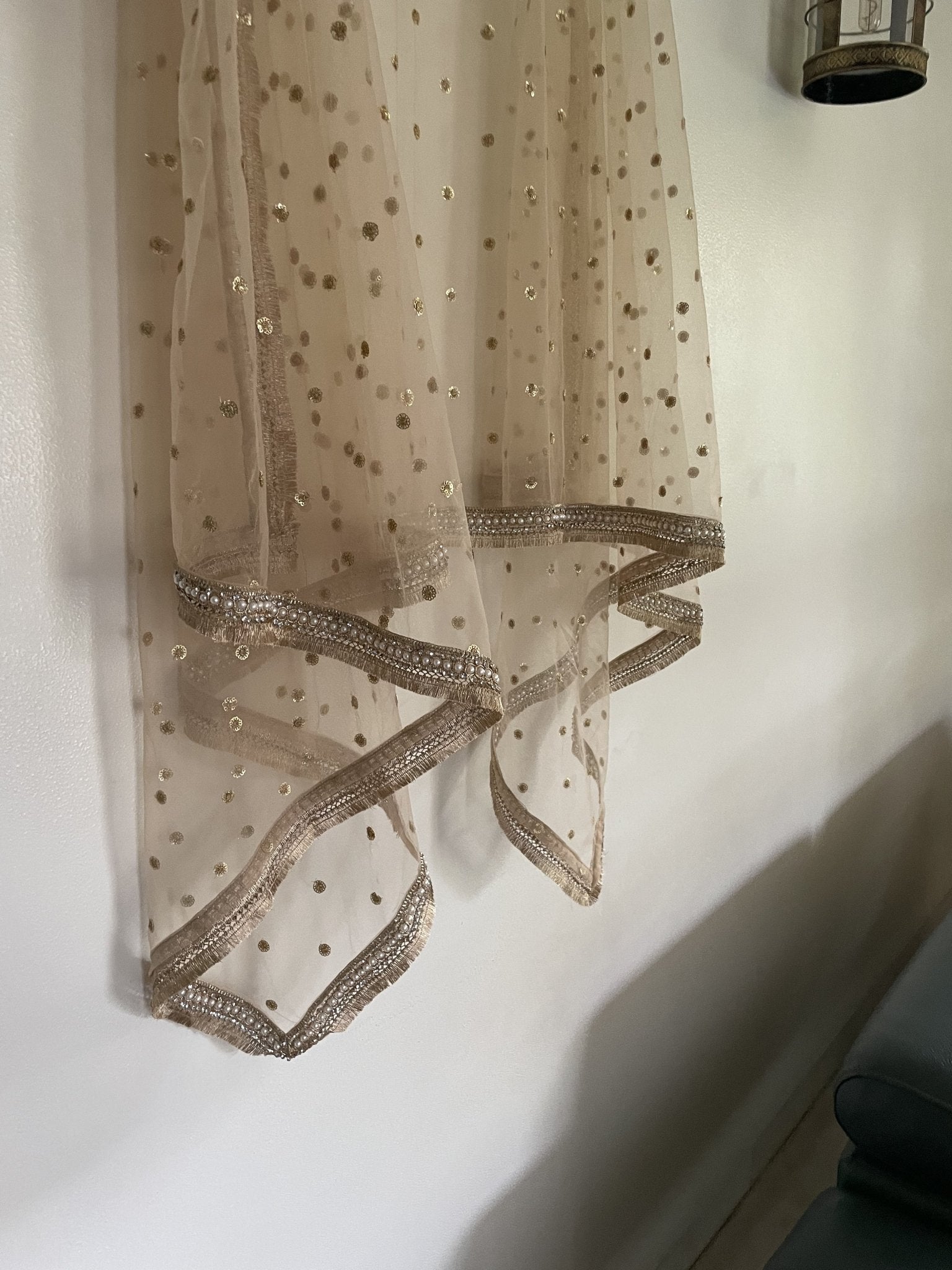 Golden Dupatta. Net with all over sequins designer dupatta fringe border. - Neel Creations By Saanvi