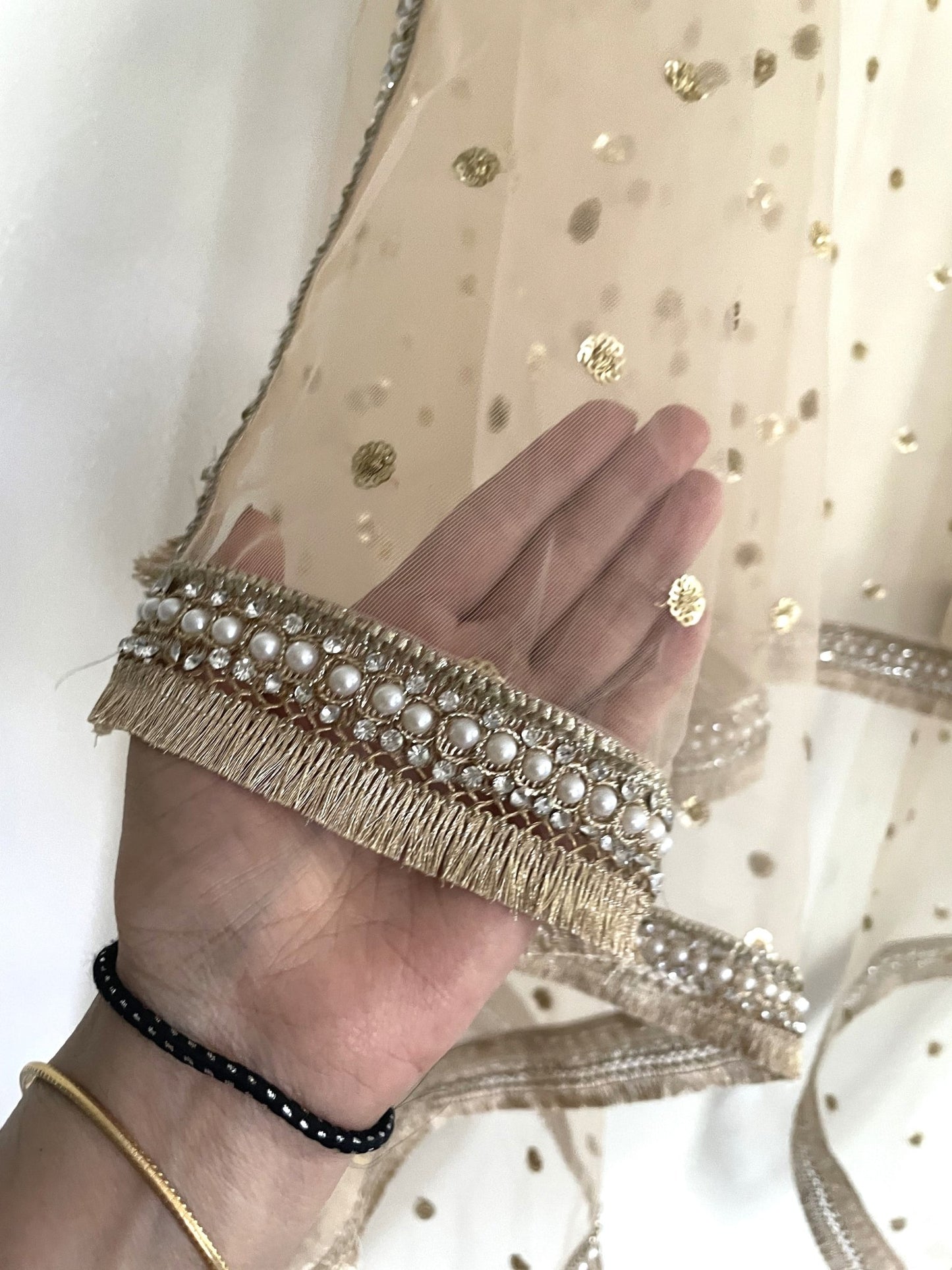 Golden Dupatta. Net with all over sequins designer dupatta fringe border. - Neel Creations By Saanvi