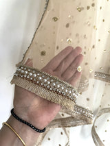 Golden Dupatta. Net with all over sequins designer dupatta fringe border. - Neel Creations By Saanvi