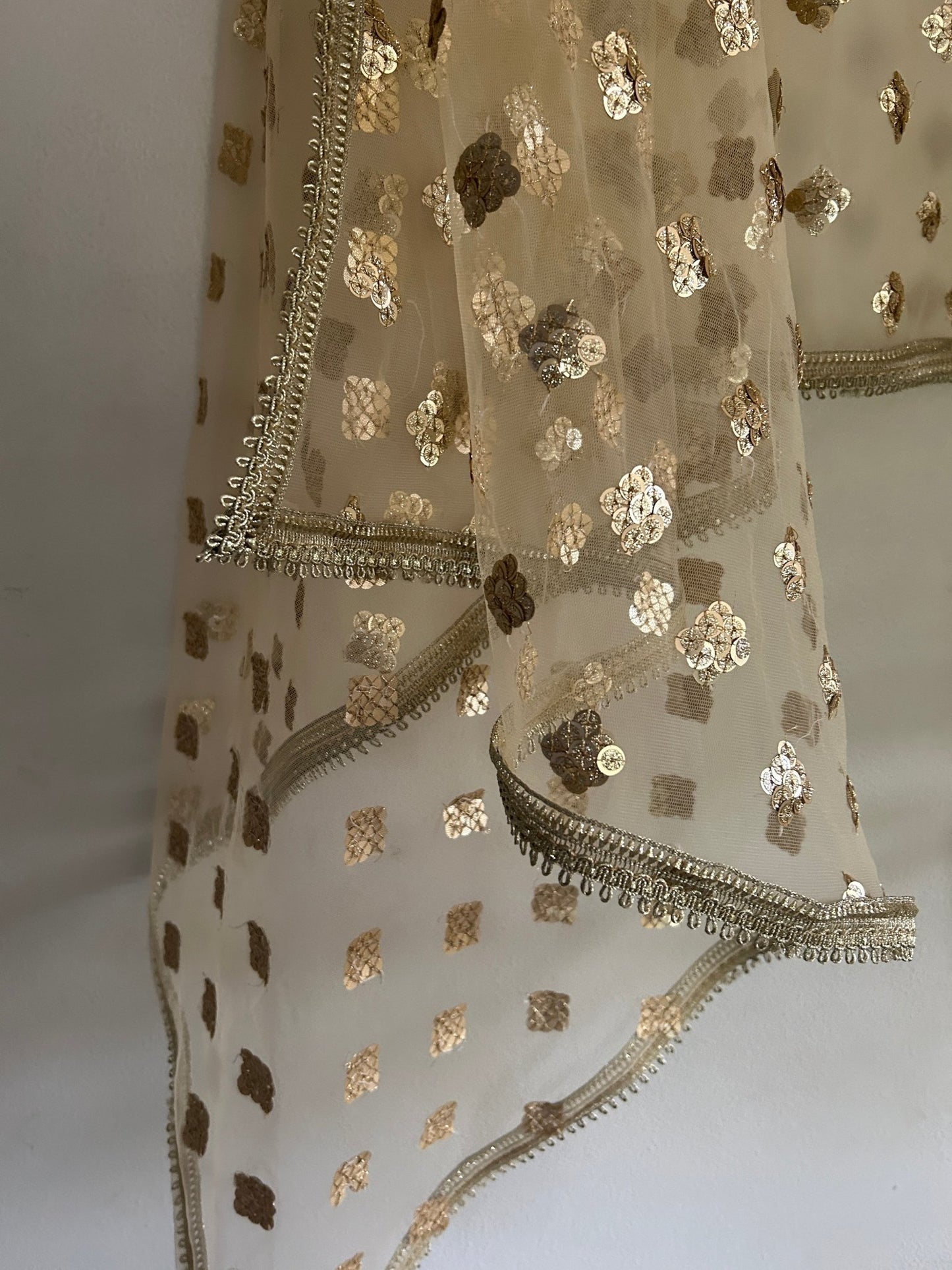 Golden Indian Dupatta party wear | Long net embroidered scarf | Punjabi dress dupattas with sequin embroidery for lehenga | Dupatta - Neel Creations By Saanvi