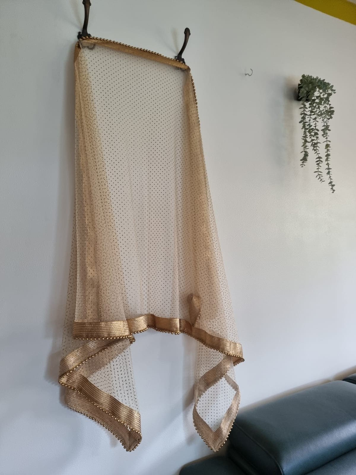 Golden net dupatta with beaded border. Indian dupatta for women with all over glitter dots - Neel Creations By Saanvi