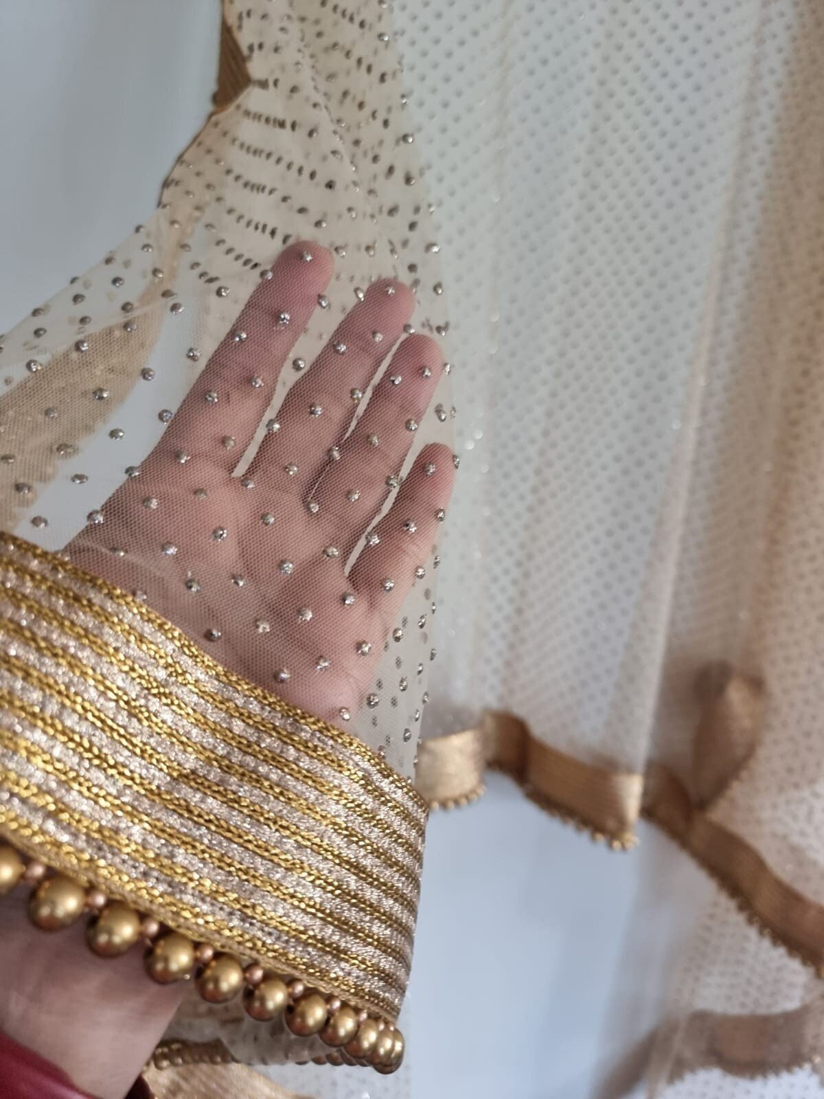 Golden net dupatta with beaded border. Indian dupatta for women with all over glitter dots - Neel Creations By Saanvi