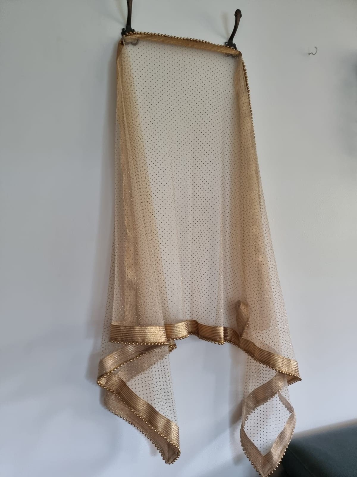 Golden net dupatta with beaded border. Indian dupatta for women with all over glitter dots - Neel Creations By Saanvi