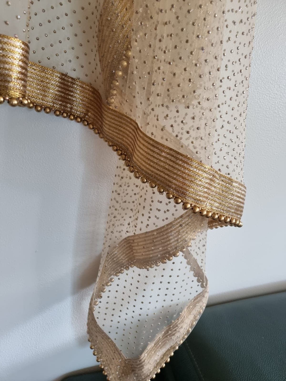 Golden net dupatta with beaded border. Indian dupatta for women with all over glitter dots - Neel Creations By Saanvi