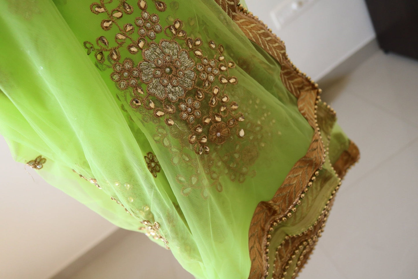 Green Indian dupatta with beaded border trim | Net dupatta | gold border dupatta for women. Embroidered wedding veil - Neel Creations By Saanvi