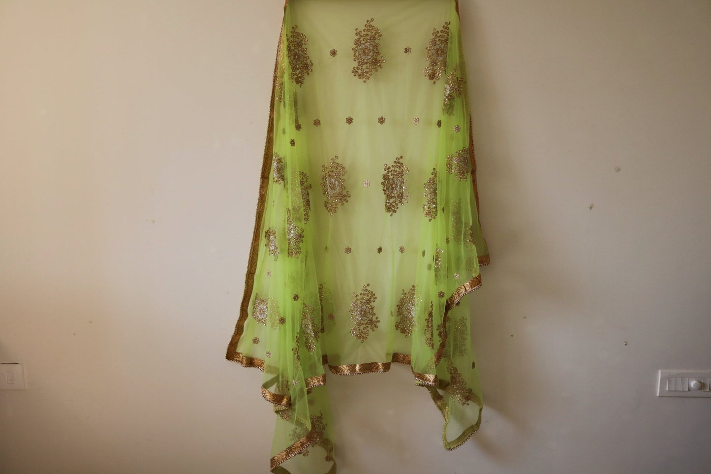 Green Indian dupatta with beaded border trim | Net dupatta | gold border dupatta for women. Embroidered wedding veil - Neel Creations By Saanvi