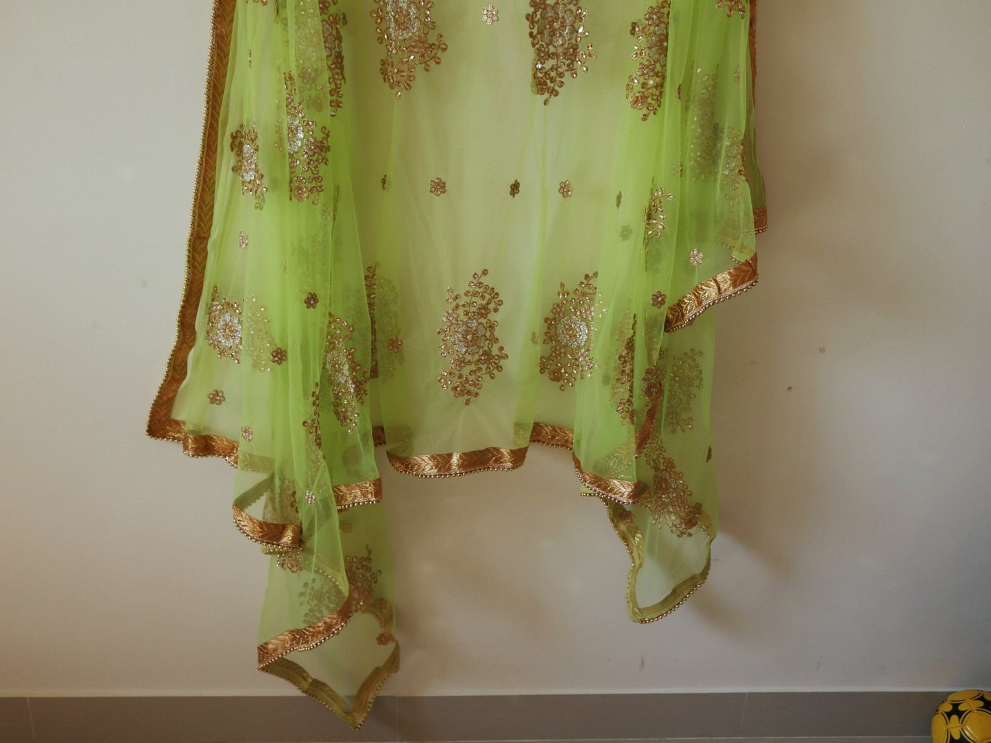 Green Indian dupatta with beaded border trim | Net dupatta | gold border dupatta for women. Embroidered wedding veil - Neel Creations By Saanvi