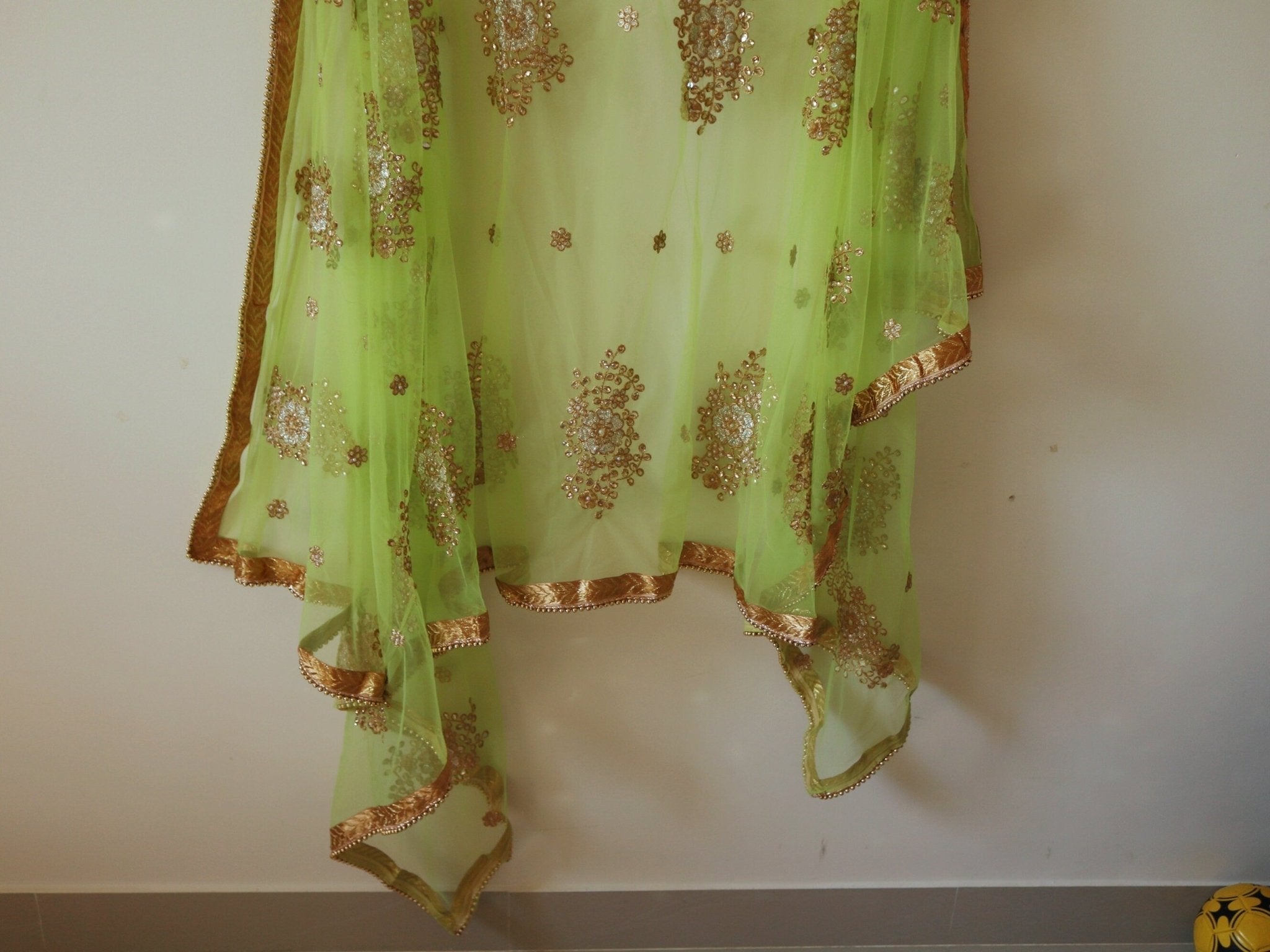 Green Indian dupatta with beaded border trim | Net dupatta | gold border dupatta for women. Embroidered wedding veil - Neel Creations By Saanvi
