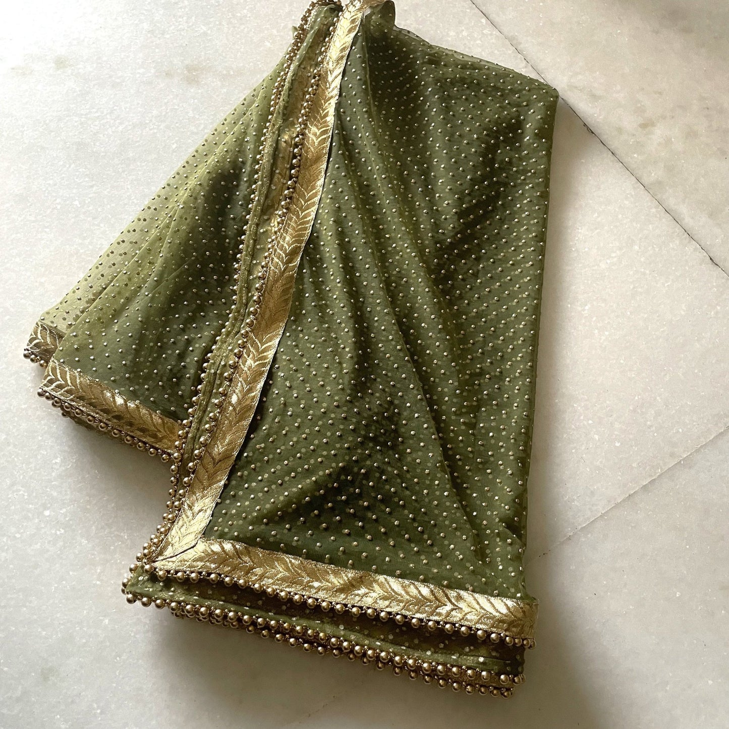 Green Net dupatta with golden beaded border | Indian dupatta | Bridal wedding veil scarf for women girls - Neel Creations By Saanvi