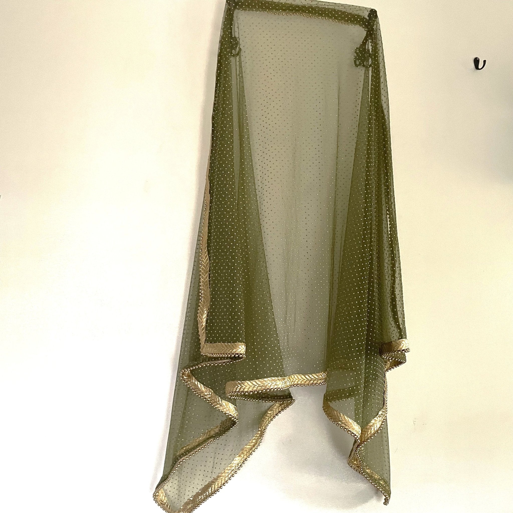 Green Net dupatta with golden beaded border | Indian dupatta | Bridal wedding veil scarf for women girls - Neel Creations By Saanvi