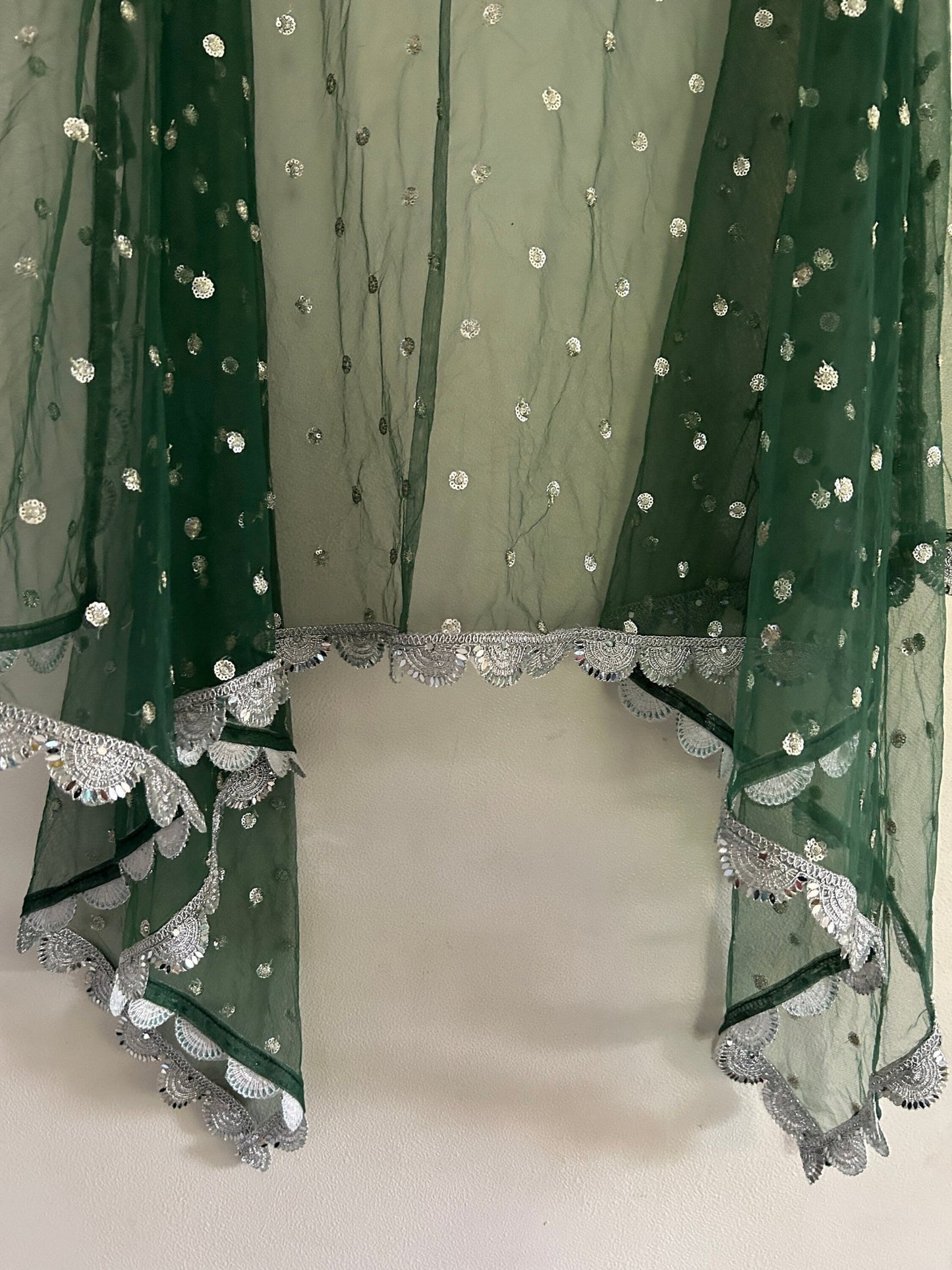 Green Net dupatta with silver mirror border | Indian dupatta | Bridal wedding veil scarf for women girls - Neel Creations By Saanvi