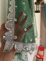 Green Net dupatta with silver mirror border | Indian dupatta | Bridal wedding veil scarf for women girls - Neel Creations By Saanvi