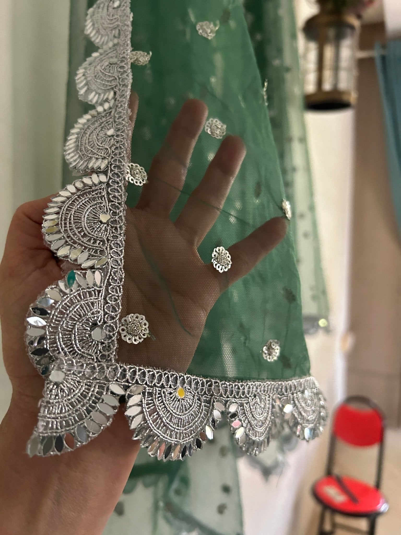 Green Net dupatta with silver mirror border | Indian dupatta | Bridal wedding veil scarf for women girls - Neel Creations By Saanvi
