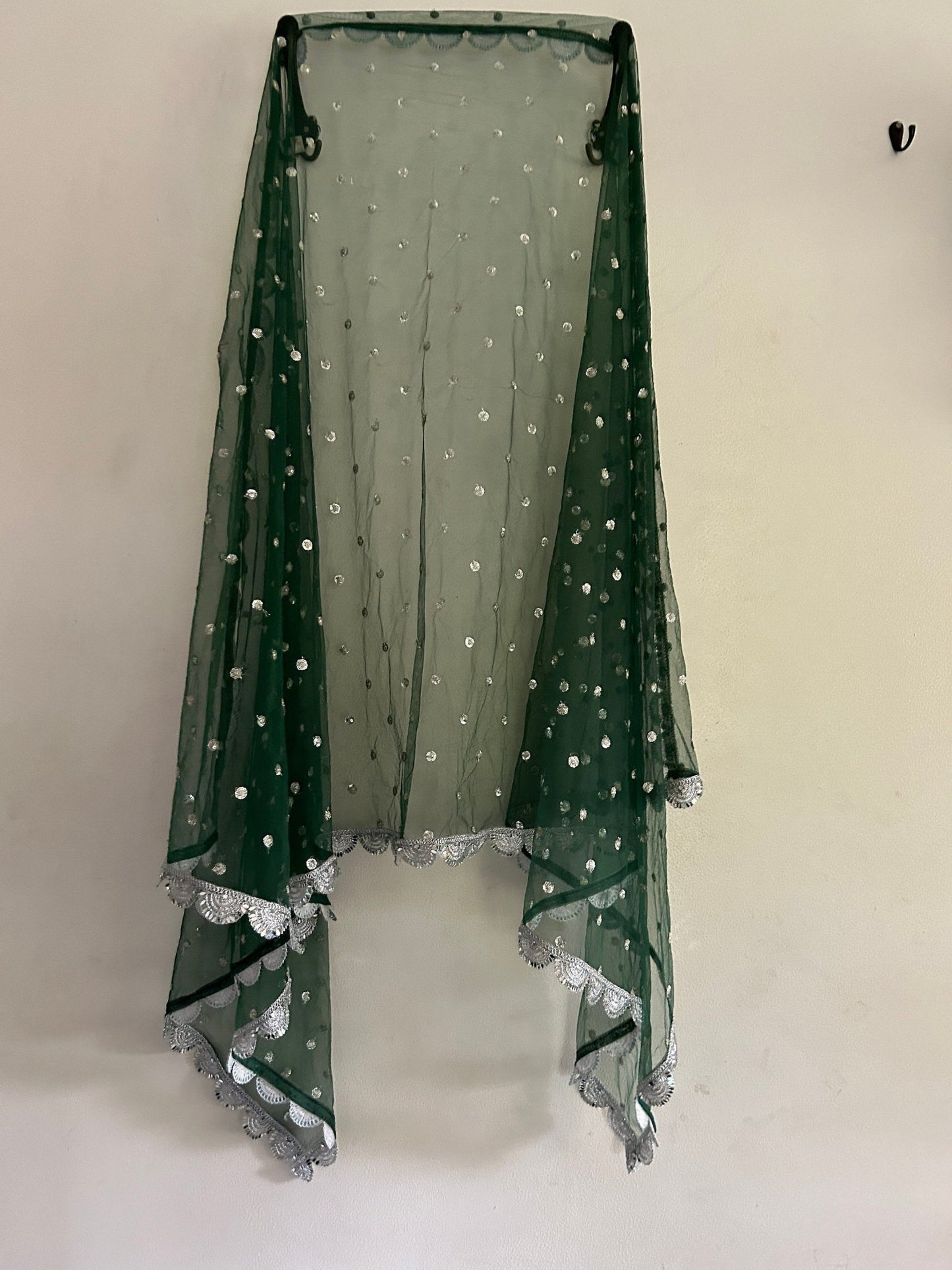 Green Net dupatta with silver mirror border | Indian dupatta | Bridal wedding veil scarf for women girls - Neel Creations By Saanvi