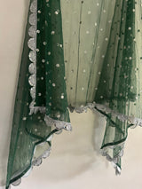 Green Net dupatta with silver mirror border | Indian dupatta | Bridal wedding veil scarf for women girls - Neel Creations By Saanvi