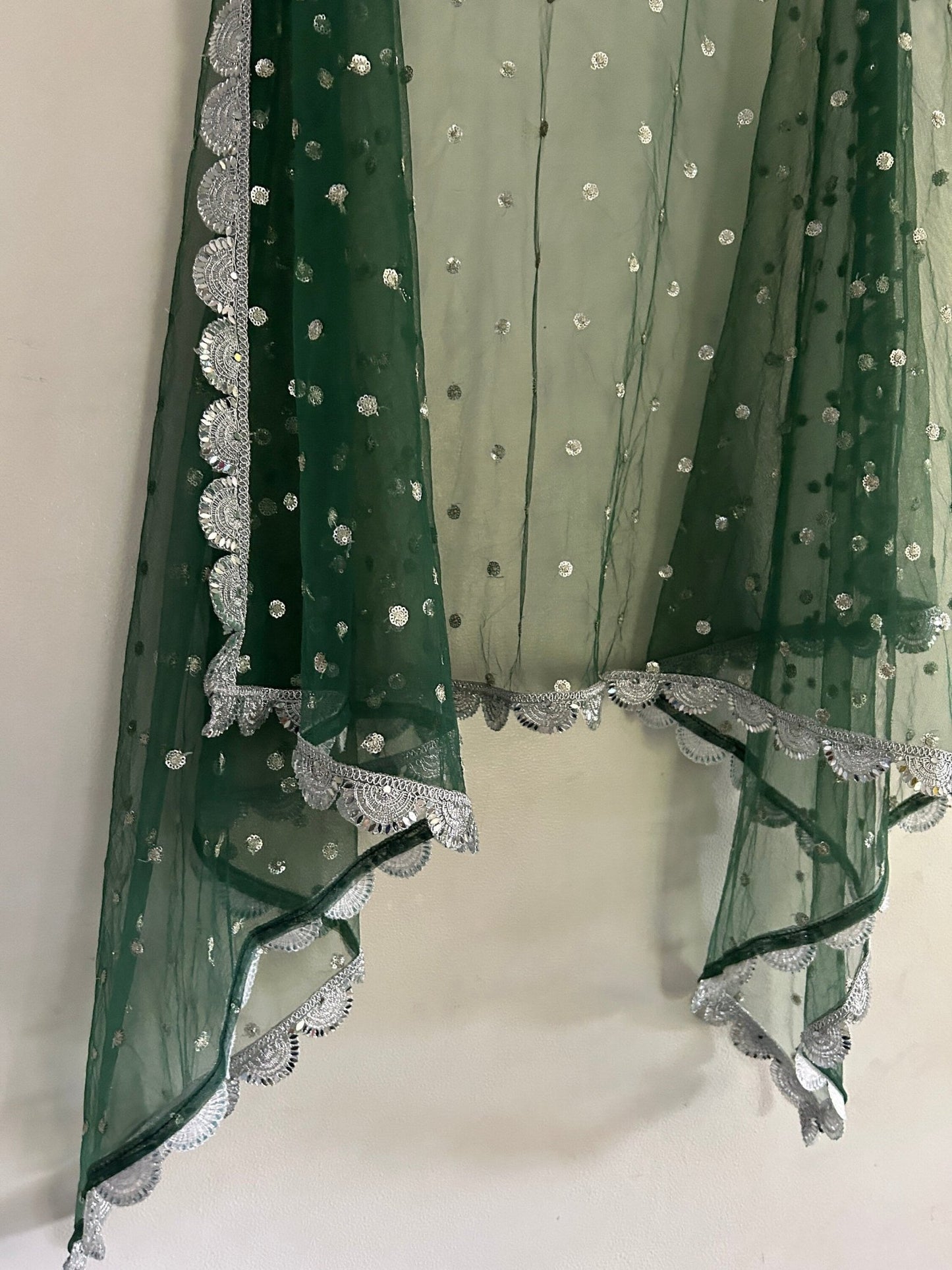 Green Net dupatta with silver mirror border | Indian dupatta | Bridal wedding veil scarf for women girls - Neel Creations By Saanvi