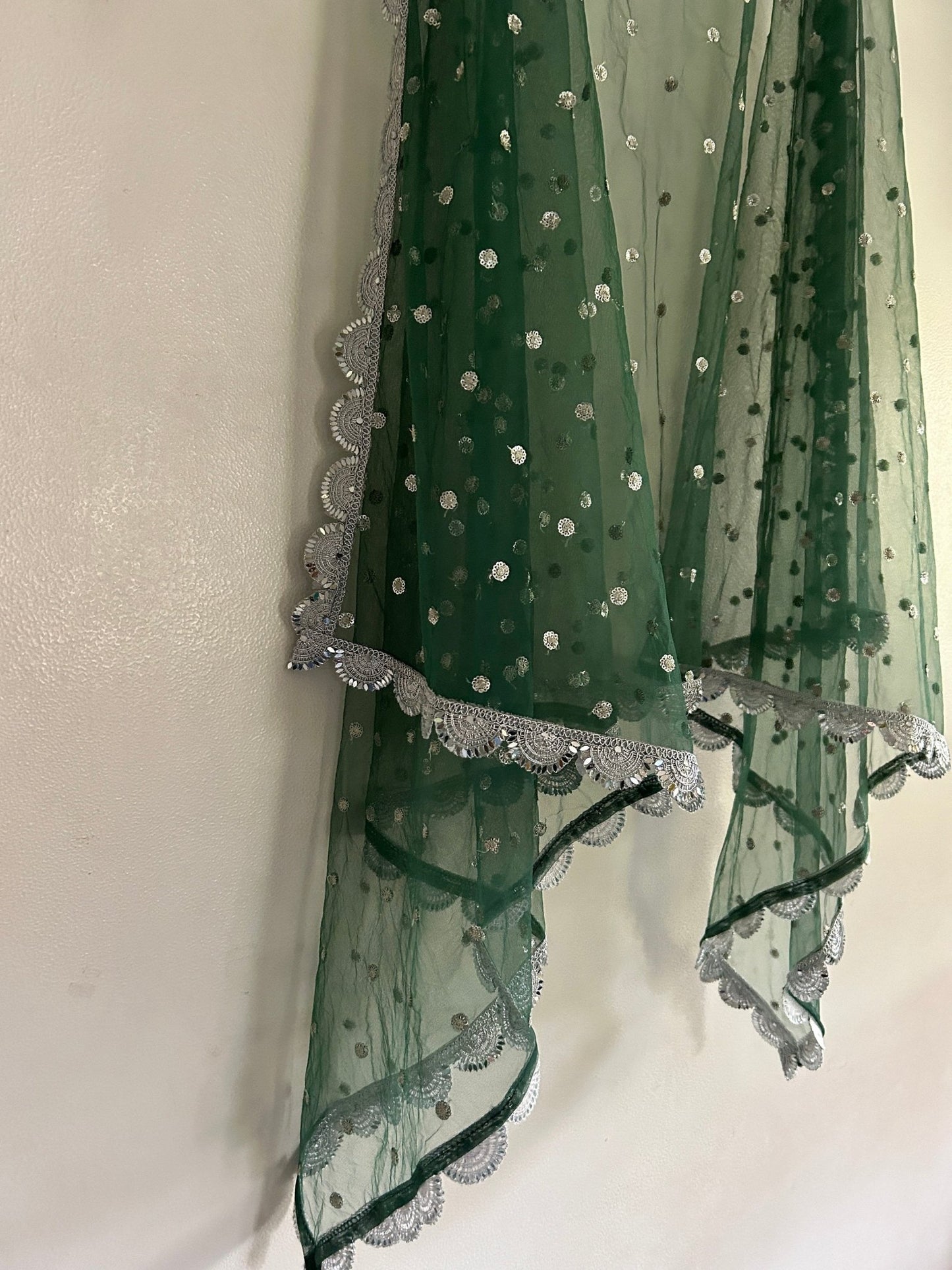 Green Net dupatta with silver mirror border | Indian dupatta | Bridal wedding veil scarf for women girls - Neel Creations By Saanvi