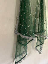 Green Net dupatta with silver mirror border | Indian dupatta | Bridal wedding veil scarf for women girls - Neel Creations By Saanvi