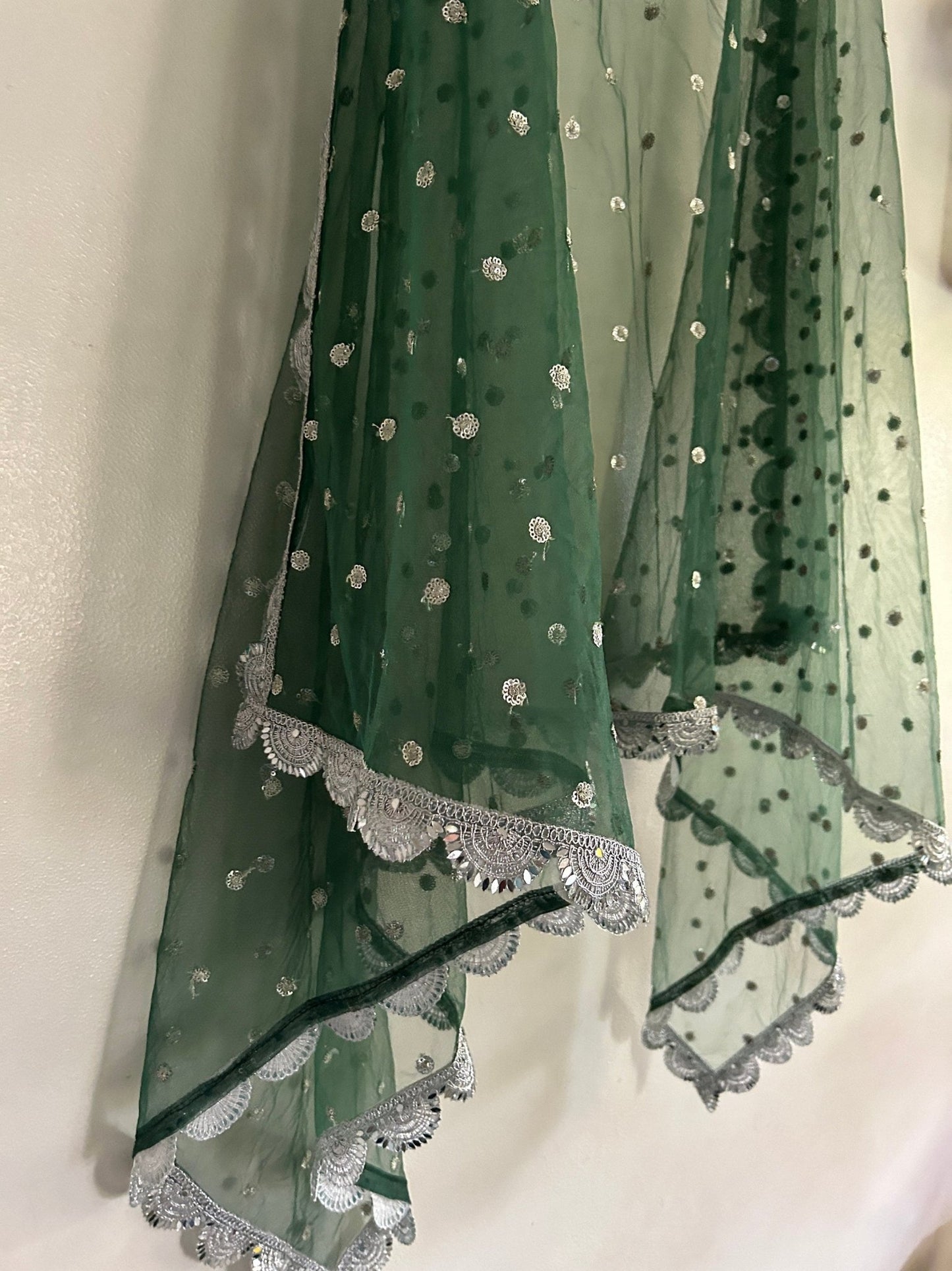 Green Net dupatta with silver mirror border | Indian dupatta | Bridal wedding veil scarf for women girls - Neel Creations By Saanvi