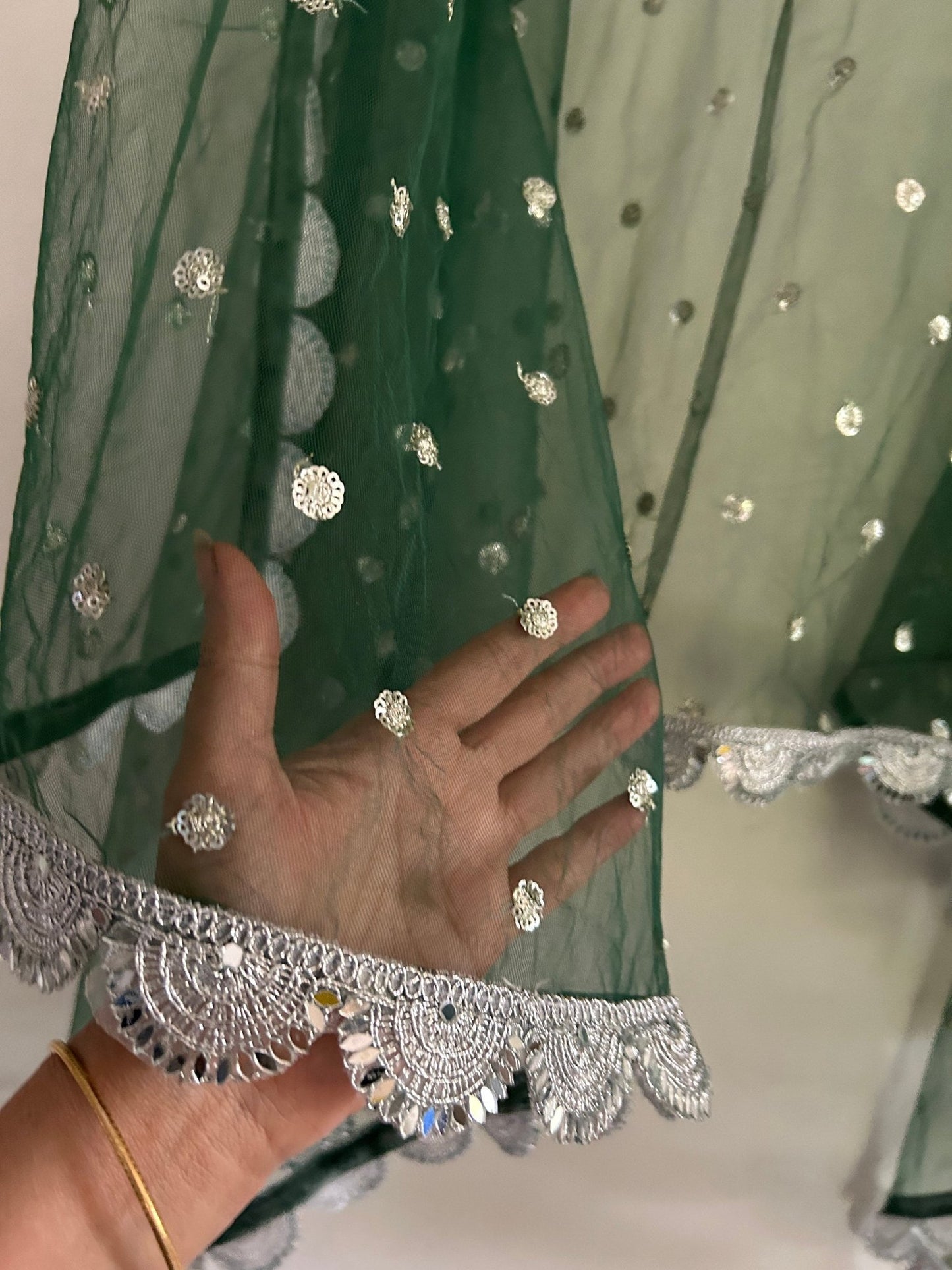 Green Net dupatta with silver mirror border | Indian dupatta | Bridal wedding veil scarf for women girls - Neel Creations By Saanvi