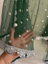 Green Net dupatta with silver mirror border | Indian dupatta | Bridal wedding veil scarf for women girls - Neel Creations By Saanvi